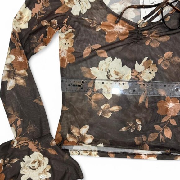 Brown And Cream Floral Print mesh top with tie detail & lantern sleeves size L - Picture 3 of 5